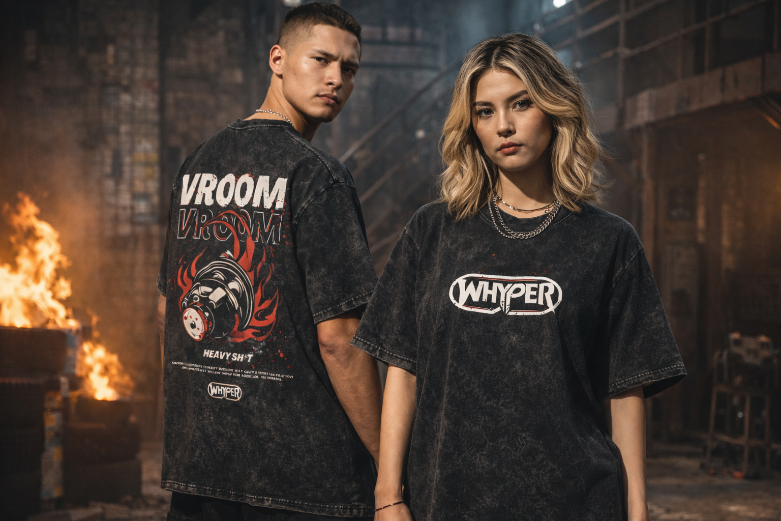 WHYPER OVERDRIVE Collection - Models wearing VROOM VROOM tee